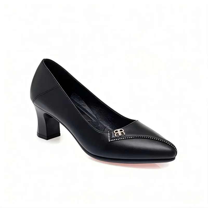 Comfortable Office Work Shoes Womens Pointed Toe Chunky Heel Pumps Black Slip-on Dress Shoes For Standing Long Hours