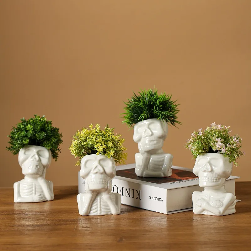 Creative Ceramic Skull Shape Flower Pot Ornaments Outdoor Courtyard Balcony Succulent Plant Bonsai Pot Garden Decoration Crafts