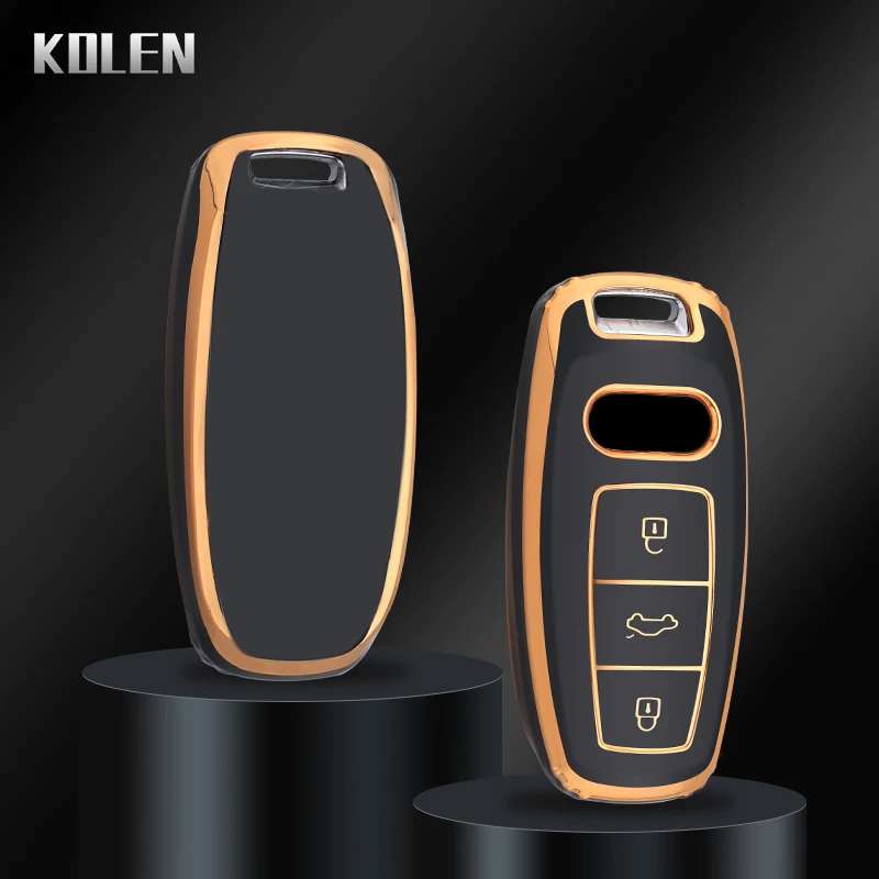 New TPU Car Remote Key Case Cover Shell For Audi A6 A7 A8 E-tron Q5 Q8 C8 D5 Golden Edge Keyless Holder Fob Keychain Accessories