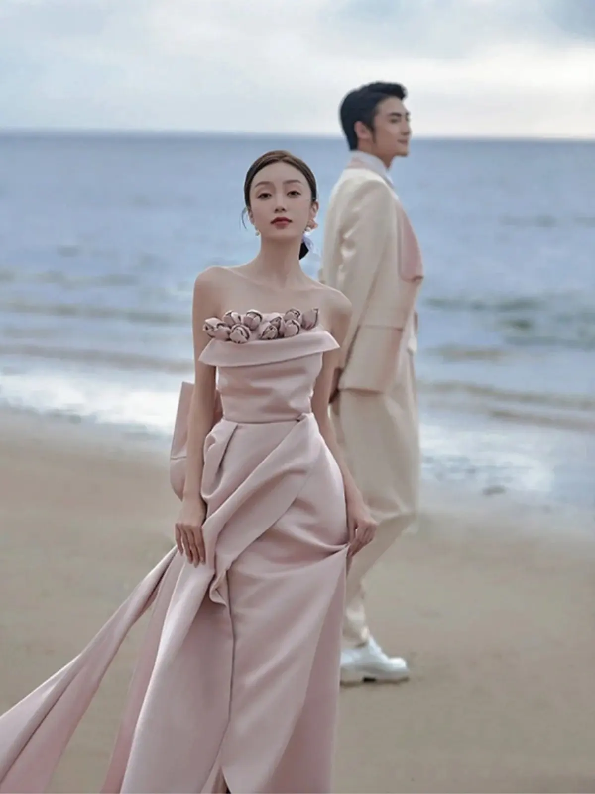 

3D Rose Pink Wedding Dr Morning Robe Performance Host Wedding Dr Angel Wedding Gown Korean Sle mid Waist Fi Tail Skirt