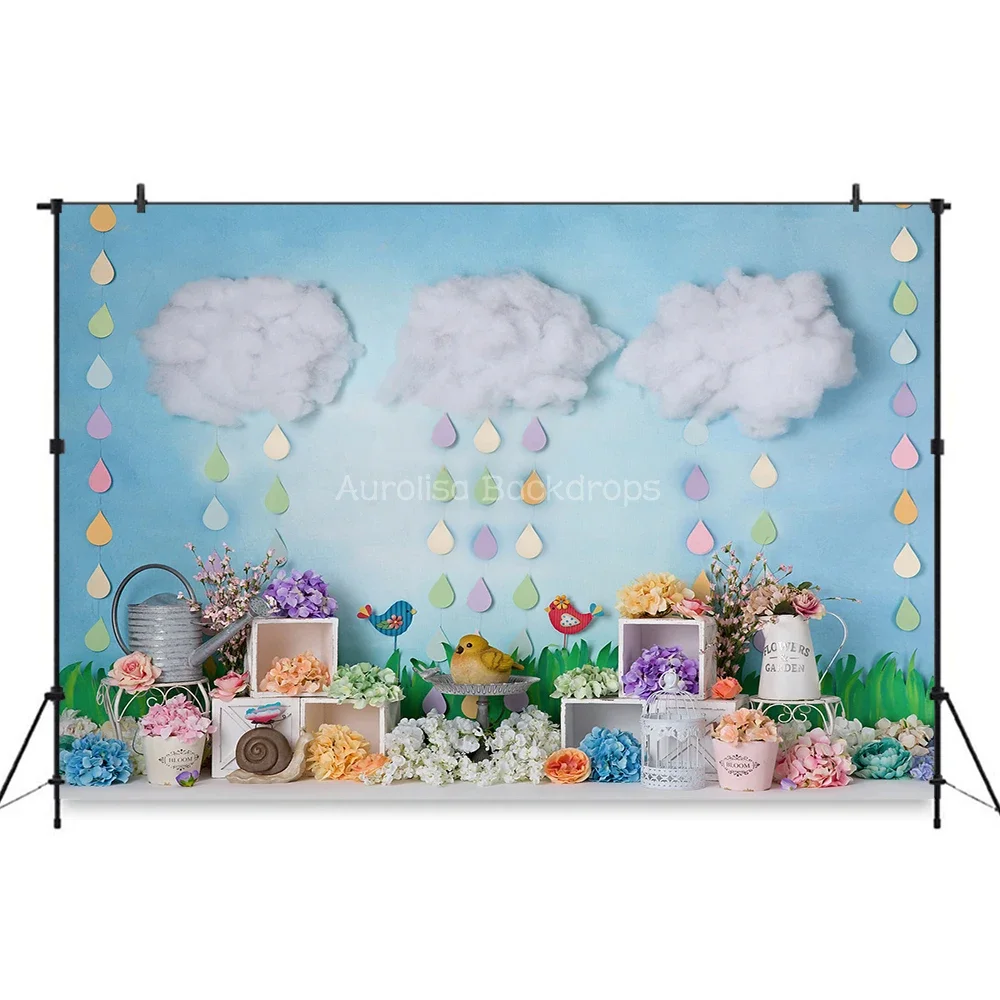 April Showers Bring May Flower Backdrops Kids Baby Photography Birthday Cake Smash Props Child Adult Clouds Birds Background