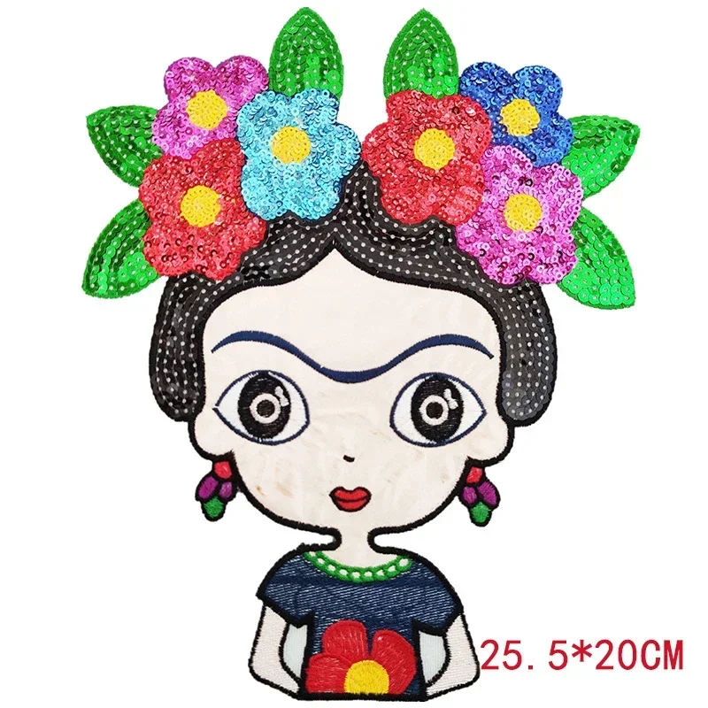 Mexican Flowers Headwear Girls Iron on Patches Cartoon Characters Sequins Embroidery Patch for Clothing  Accessories Bag Sticker