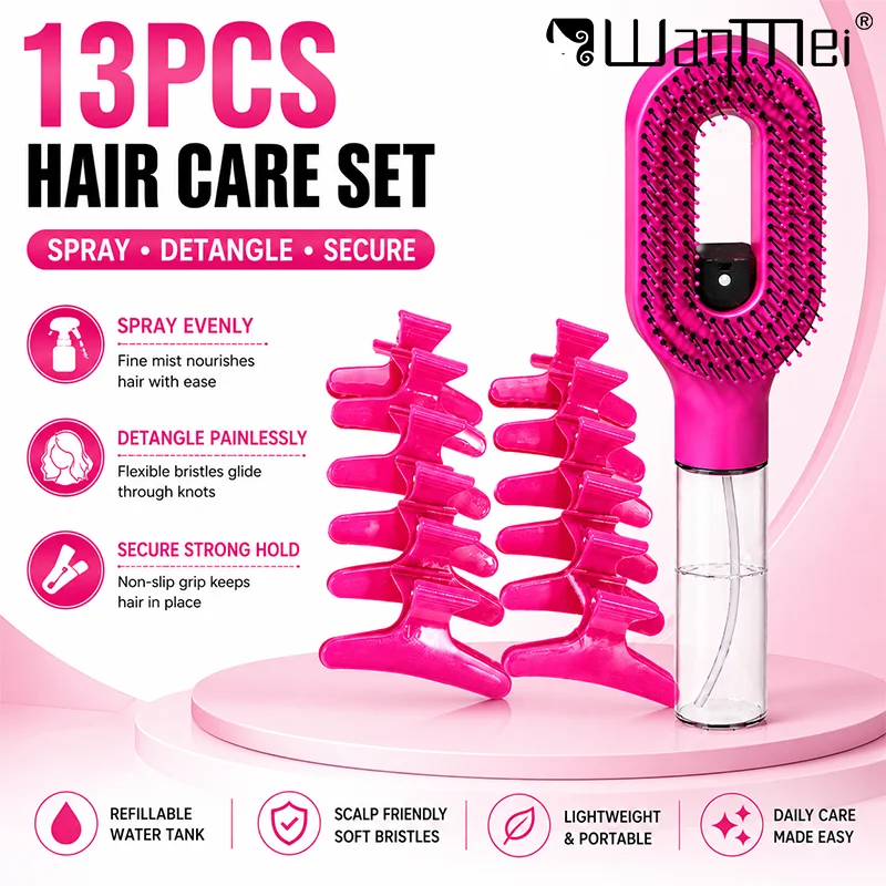 

13Pcs Hair Care Set Spray Detangler Hair Brush with Refillable Bottle Non-slip Butterfly Hair Clips Hair Styling Tools Salon