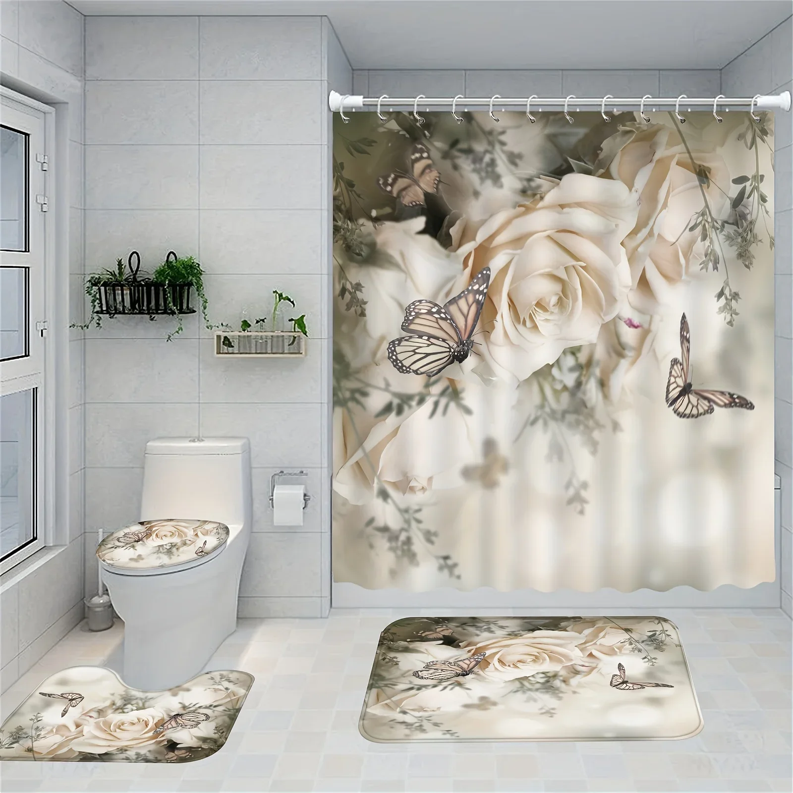 

Цветок-бабочка для ванной комнаты, 4 предмета, украшение для ванной комнаты, тканевая занавеска для душа, нескользящий коврик для ванной, коврик для унитаза