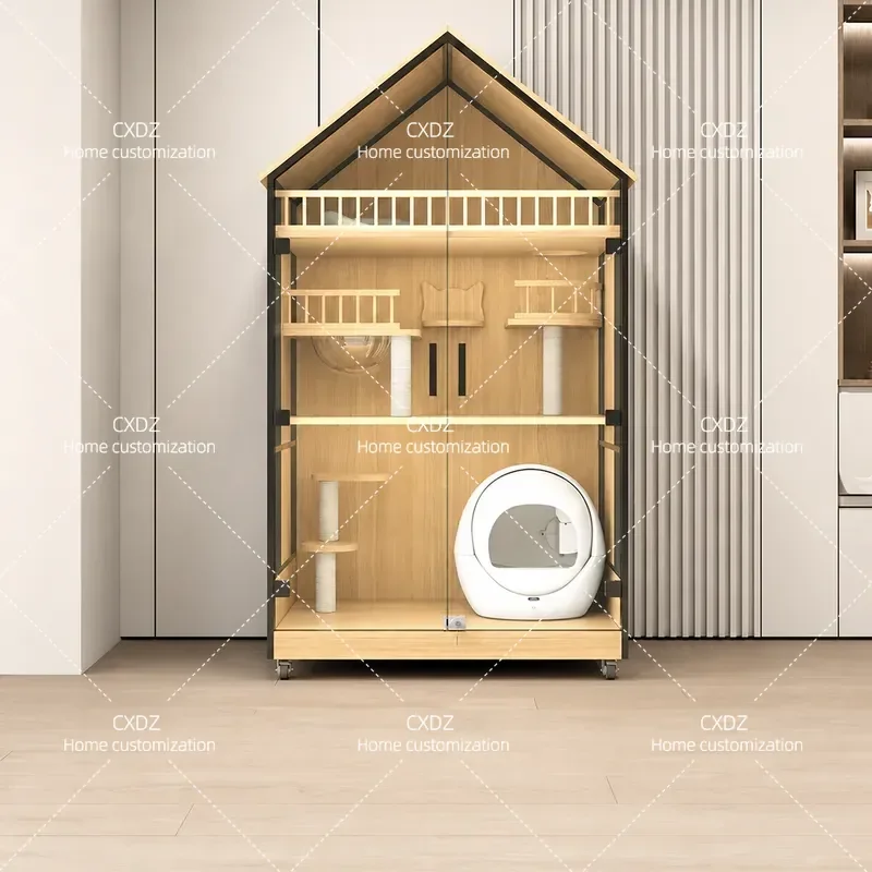 Solid Wood Cat Cage Villa Multi Functional Cat Cabinet Nest Pet House Tempered Glass Panoramic View Unobstructed Design