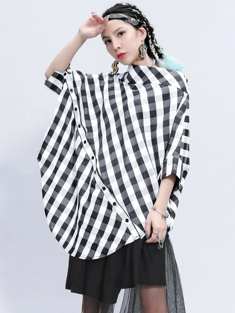 [EAM] Women Black Irregular Plaid Big Size Blouse New Slash Neck Batwing Sleeve Loose Shirt Fashion Spring Autumn 2024 1DF4744