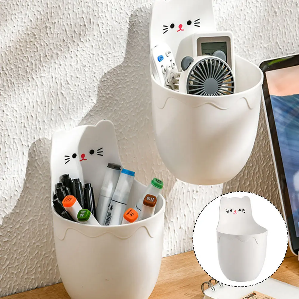 Wall Mounted Storage Cylinder Cartoon Cat Design Premium PP Material No Drill Hanging Organizer for Desk Kitchen