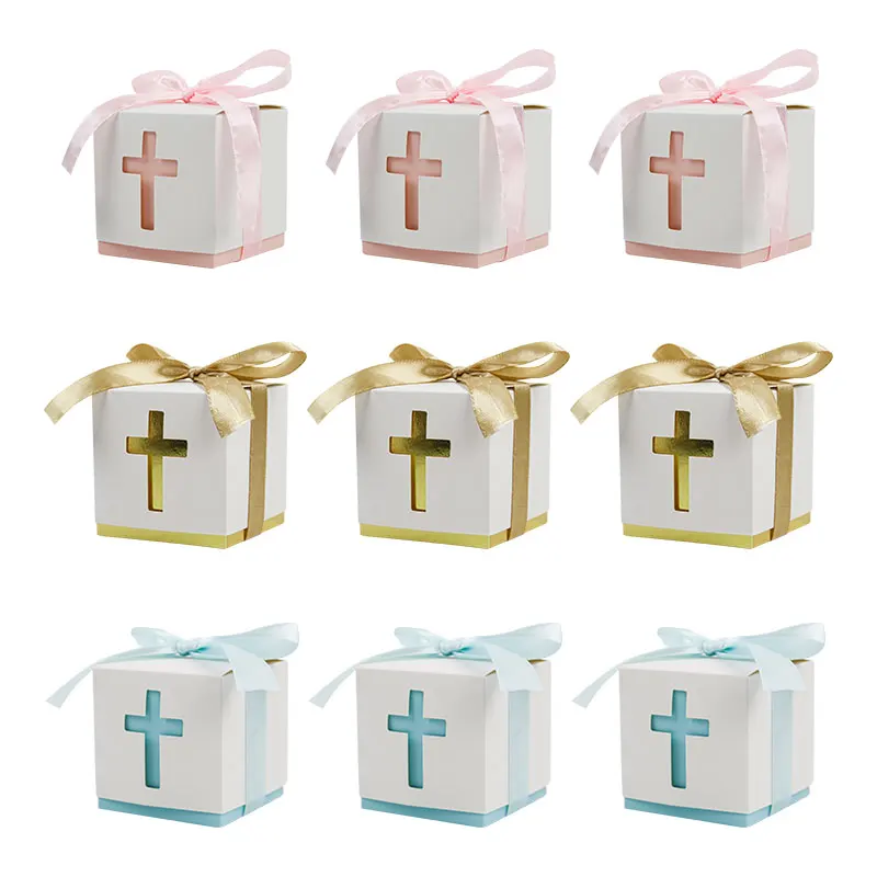 Caja de Regalo de Papel con Diseño de Cruz para Dulces con Cinta, Recuerdo de Primera Comunión, Caja de Regalo para Bautizo, Baby Shower