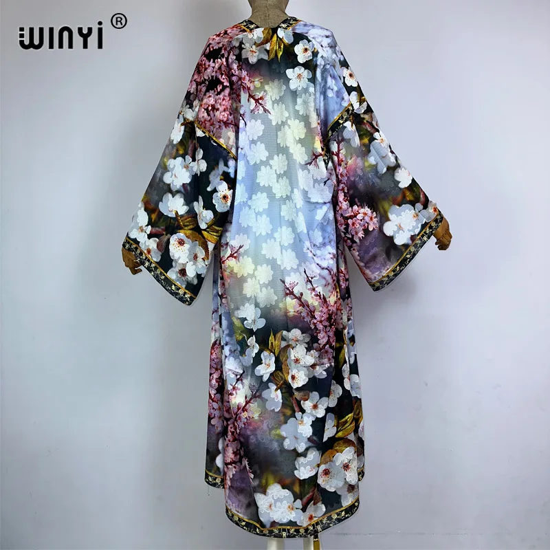 WINYI dresses for women 2023 Comfortable kimono High-quality  printed beach boho print Cardigan elegant evening silk maxi dress