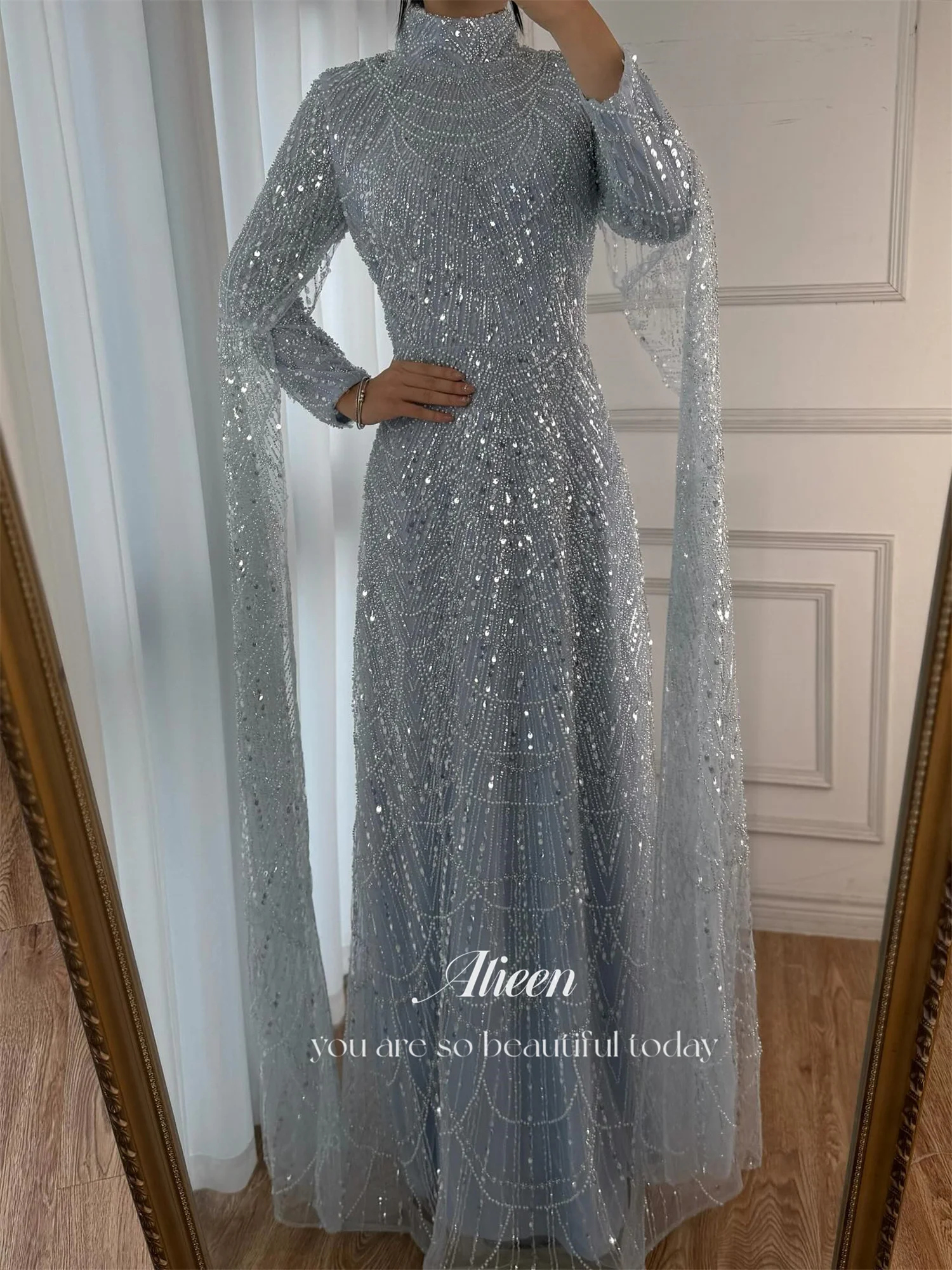 فساتين نسائية أنيقة باللون الأزرق السماوي من Aileen لحفلات الزفاف فستان سهرة نسائي مخصص مطرز بالخرز فيستدوس دي فيستا فساتين سهرة #5