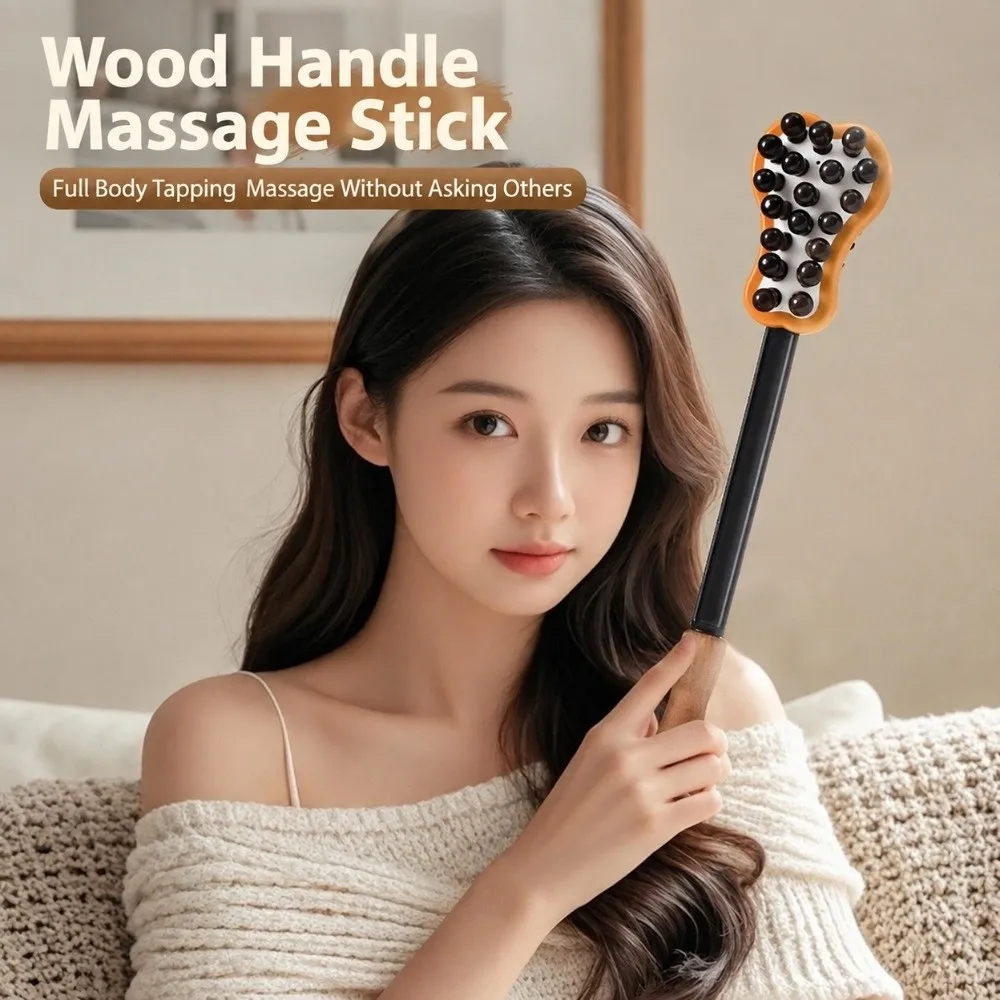 Double Sided Head Hand Massage Hammer Long Grip Bead Nodule Body Tapping Stick Light Weight Wooden Handle