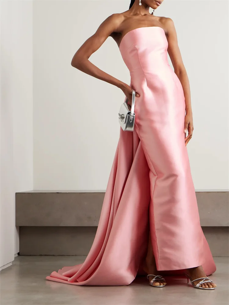 Robe de Soirée en Satin Sans Bretelles pour Femme, Vêtement Droit, Sexy, Fermeture Éclair Latérale, Longueur au Sol, Traîne de Balayage, Nouvelle Collection