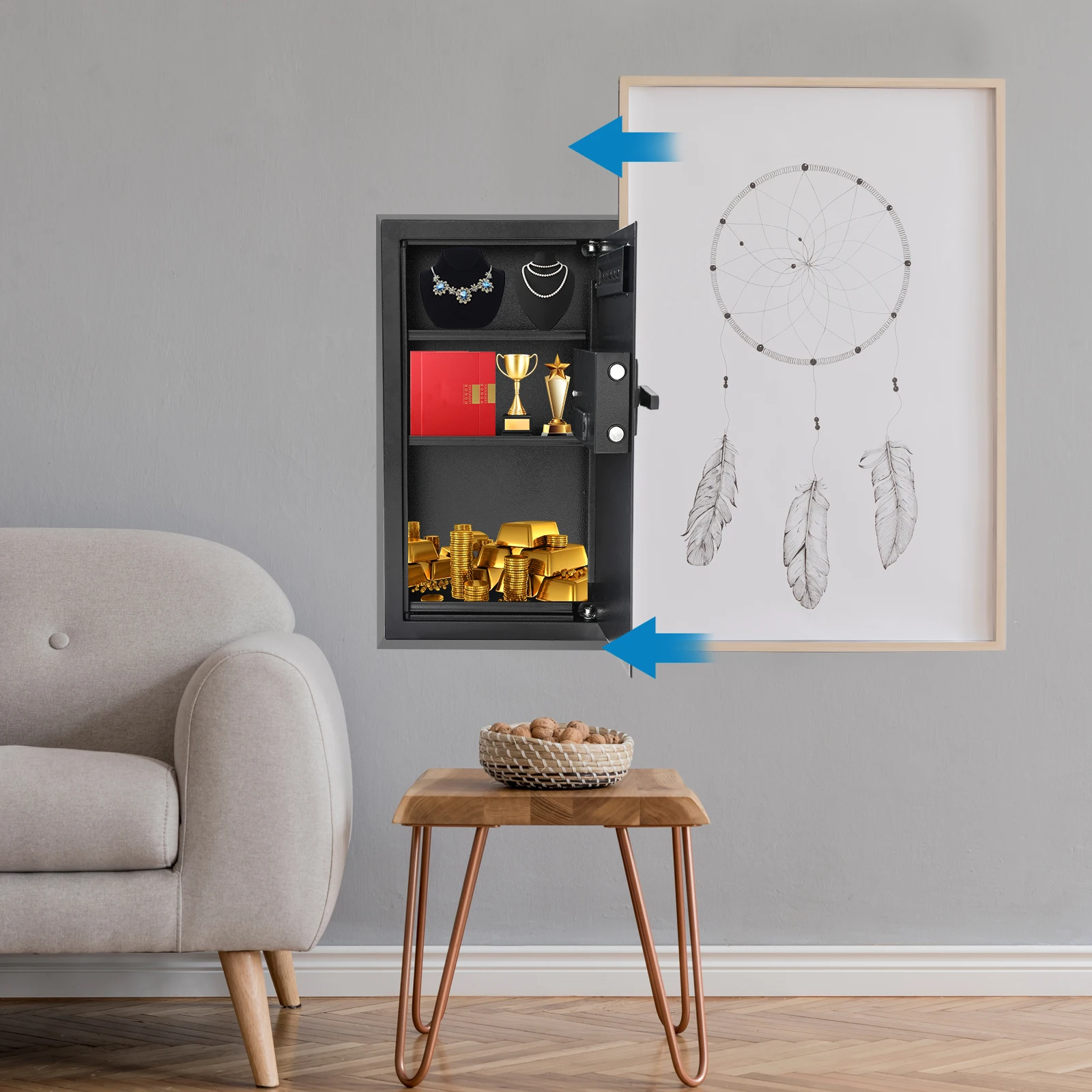 

Встроенный настенный сейф, скрытый сейф с аварийными ключами для дома/офиса, паролем и аварийным ключом + ручкой