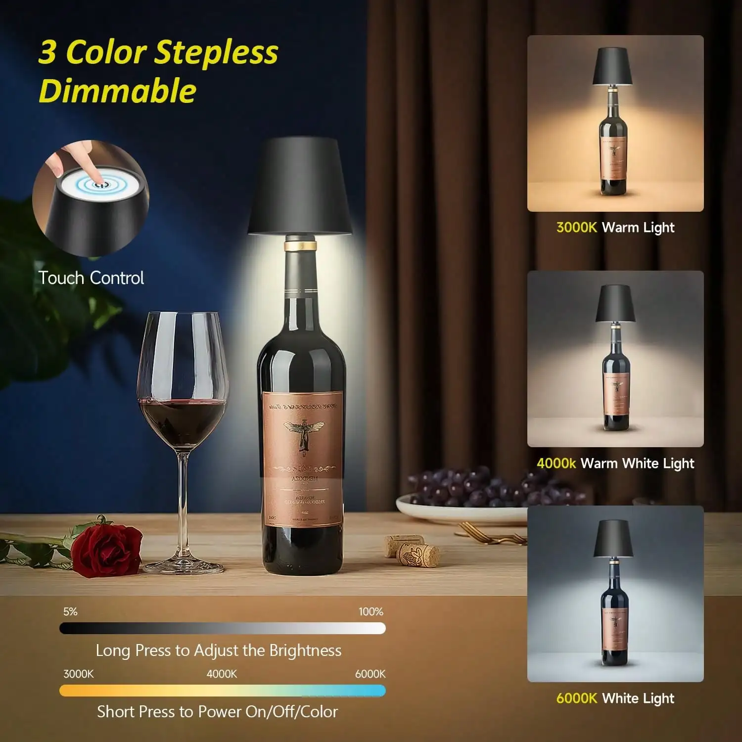 Lámpara LED inalámbrica recargable para botella de vino, con atenuación táctil, 3 modos de color, tapón de botella inalámbrico, luz nocturna decorativa para bar, restaurante, dormitorio, sala de estar