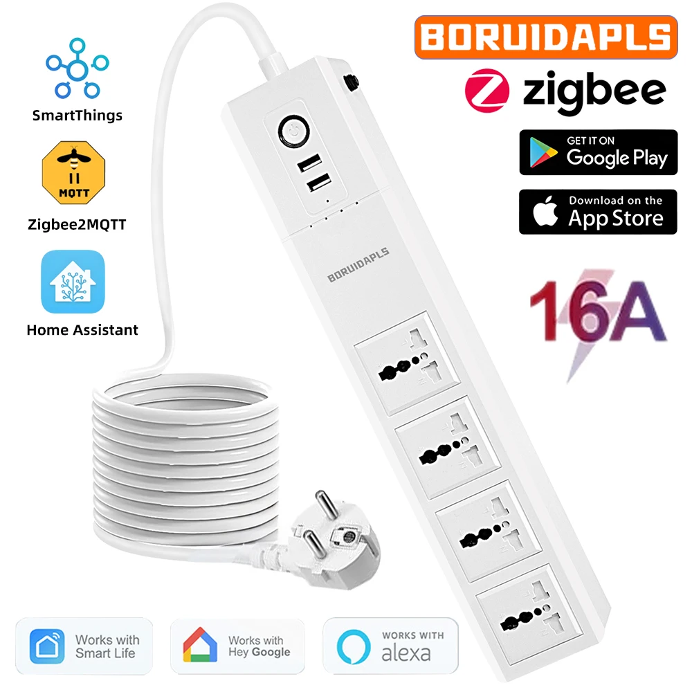 

BORUIDAPLS EU Plug ZigBee Universal Smart Power Strip Independent Control Timing Voice Sockets With Google Home Alexa H-UE 4000W