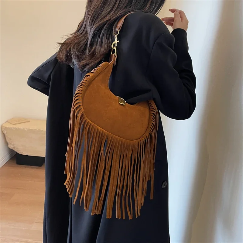 Small Tassels Design Shoulder Bags Women 2024 New Korean Fashion Punk Style Underarm Bags Trendy Retro Pu Leather Handbag Female