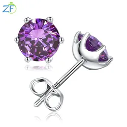 GZ ZONGFA 925 Sterling Silver Birthstone Stud Earrings Round Solitaire Dainty Created Amethyst Emerald Ruby Sapphire Stack-able