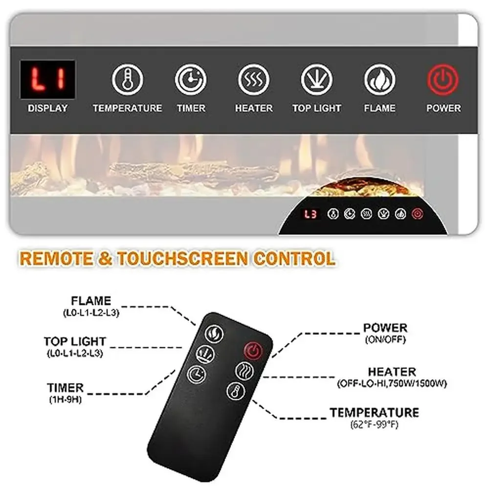 72" Electric Fireplace Wall Mounted Multicolor Flame Log Crystal Hearth 1500/750W Ultra Slim Frame LED Lights Remote Control