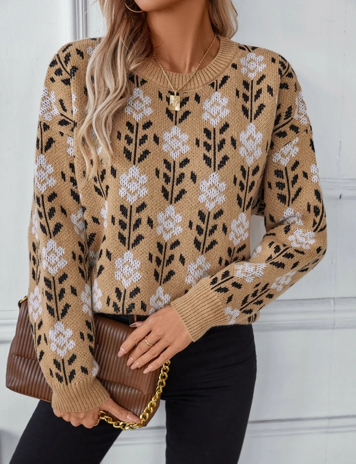 

Flower Jacquard Pullover Women's Sweater Fashionable and Versatile Long Sleeved Autumn Casual Round Neck Knitted Sweater