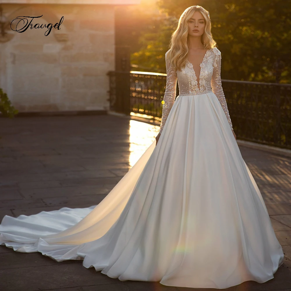 

Traugel Luxury V Neck Long Sleeve Flowers Matte Satin Wedding Dresses Exquisite Applique Beaded Court Train A Line Bridal Gown