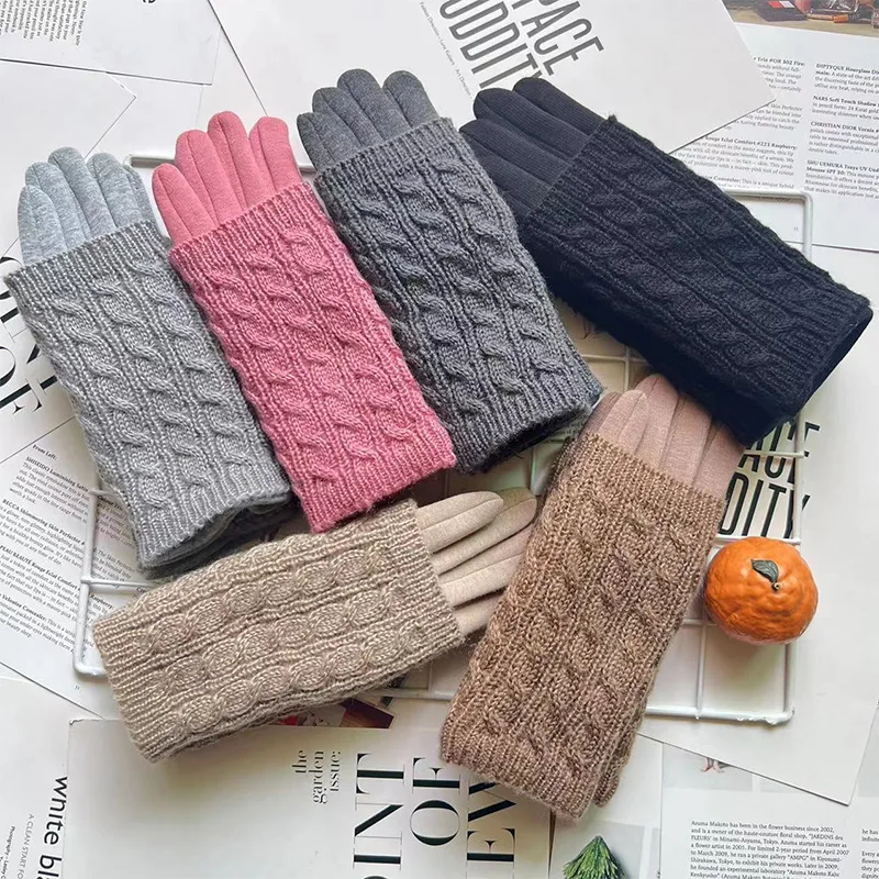 Winter Thermal Gloves Outdoor Simple Knitted Cycling Gloves Women No Pilling Fleece Full Finger Warm Gloves for Cold Weather