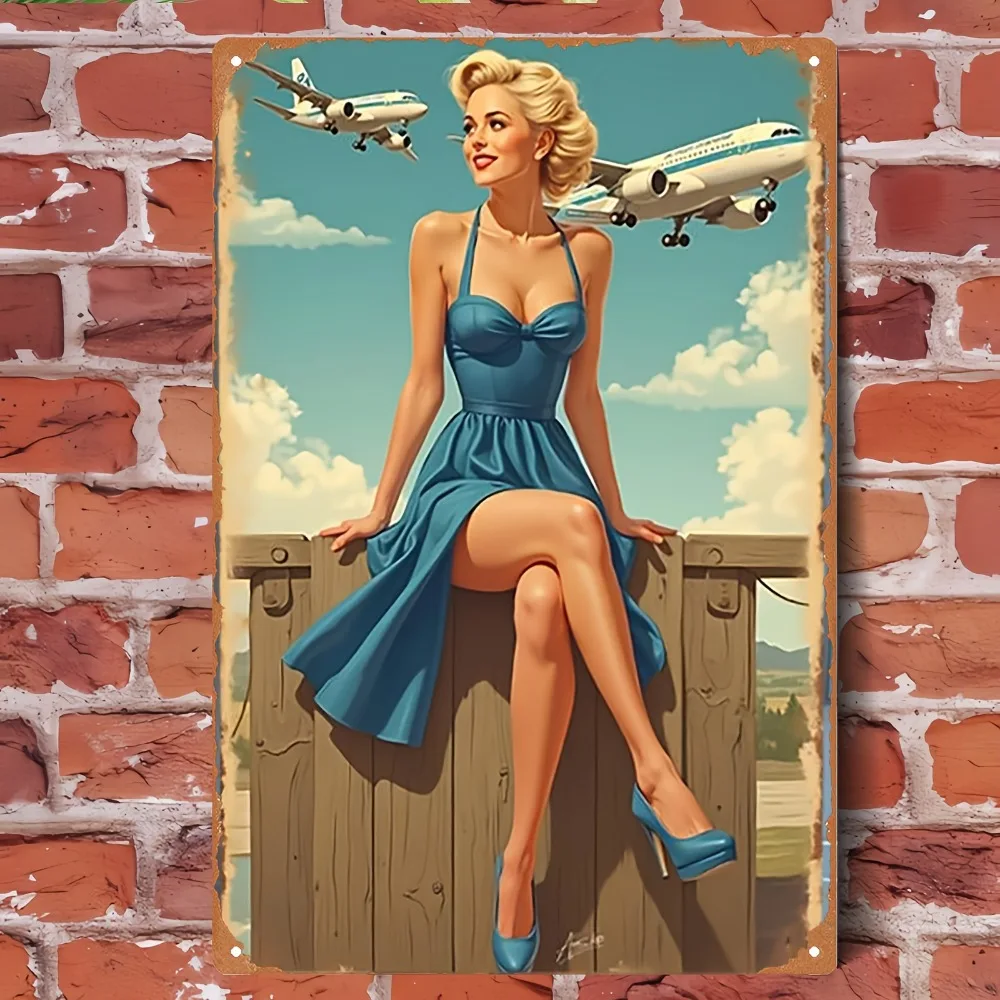 Vintage Metal Sign 2D Retro Wall Art Airplane Pinup Girl Decor 20x30cm for Home Bar Garage Cafe