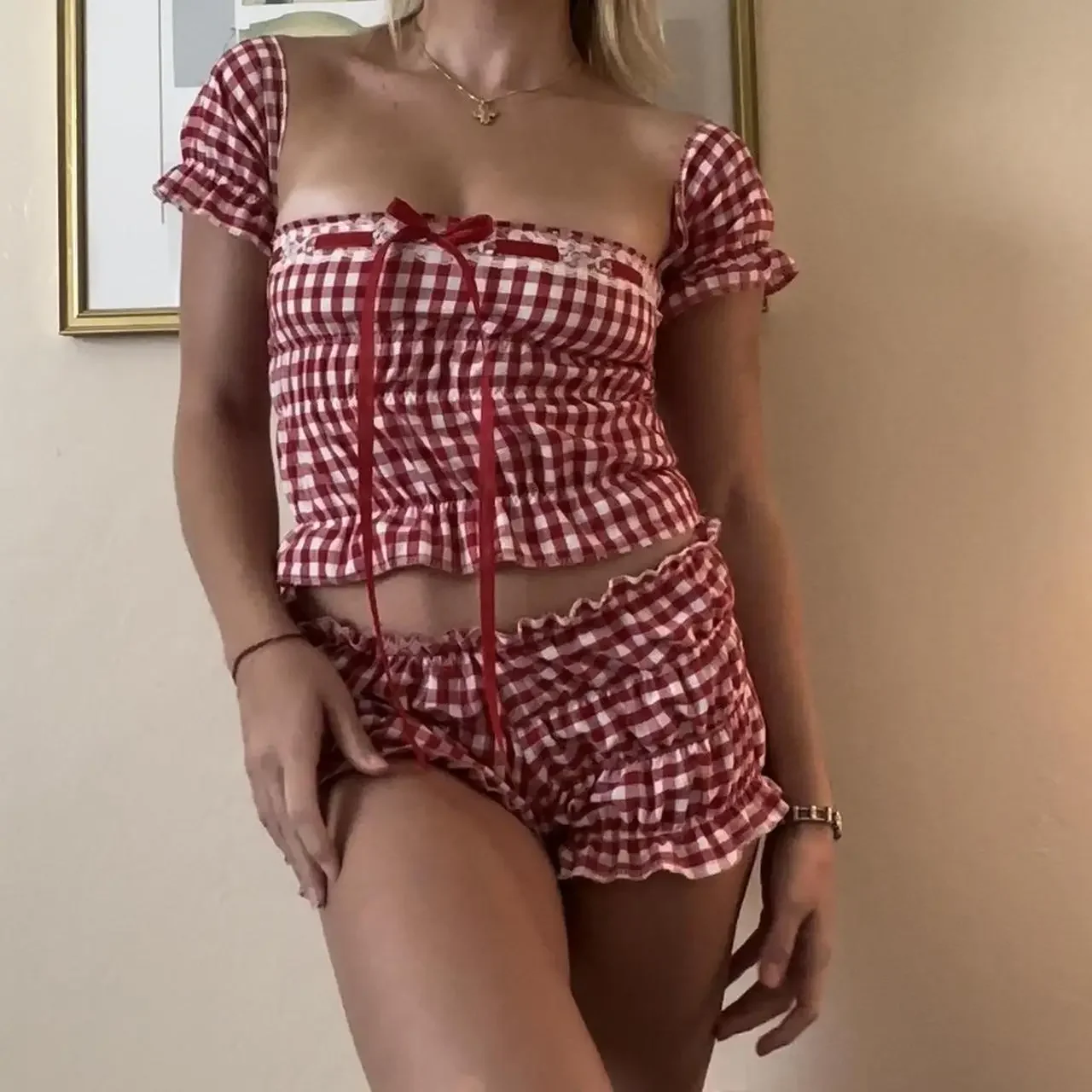 Red Gingham Y2k 2 Piece Pajamas Set for Women Ruched Crop Cami Top Elastic Low Waist Shorts Cute Pj Sets Loungewear Sleepwear