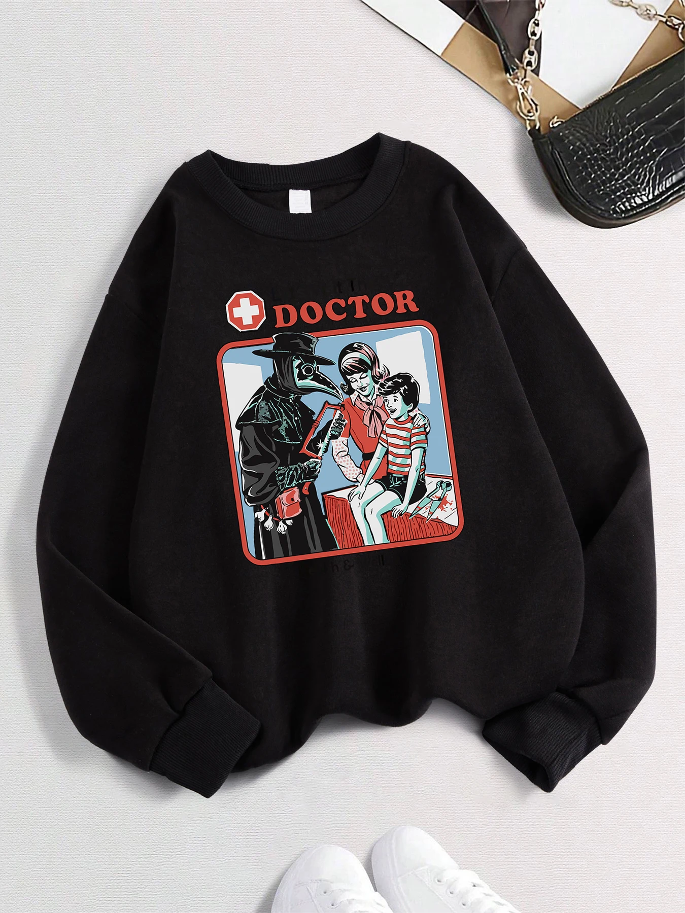 The Treating Doctor Print Pullover Damen Vintage Langarm Hoodie Herbst Winter Basic Sweatshirts Fleece Modekleidung