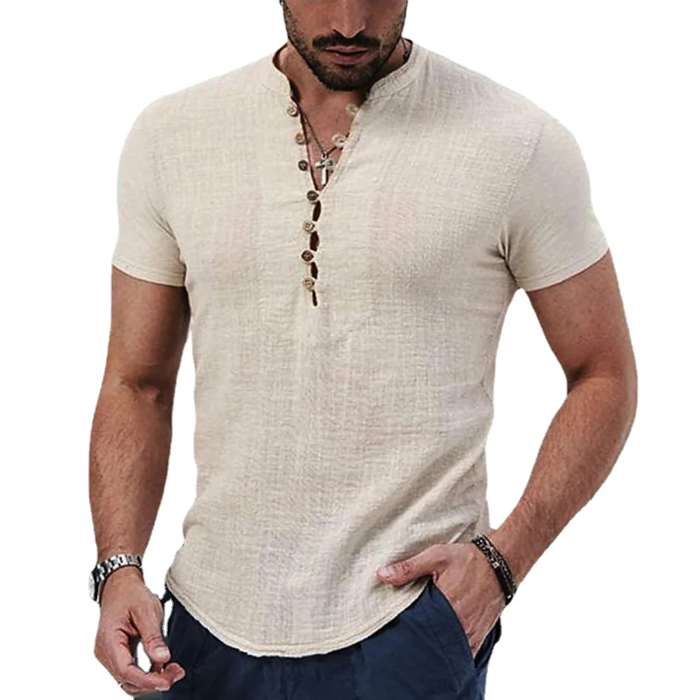 2023 Nieuwe Mannen Korte Mouw T-shirt V-hals Knop Katoen Linnen Shirt Mannen Casual Kleding Populaire Tops voor Mannen