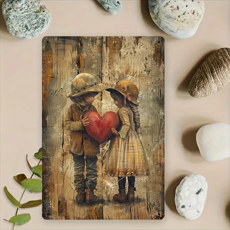 Art mural en métal d'inspiration vintage 20.32X30.48Cm - Jeune couple rustique tenant un cœur - Idéal pour salon, bureau, porche