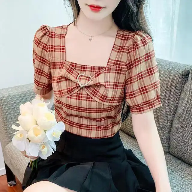 

Summer ort Sve Plaid Bubble irt Women's Faion Slimming Waist High Waist Young Looking Top Korean Sle Loose Fit