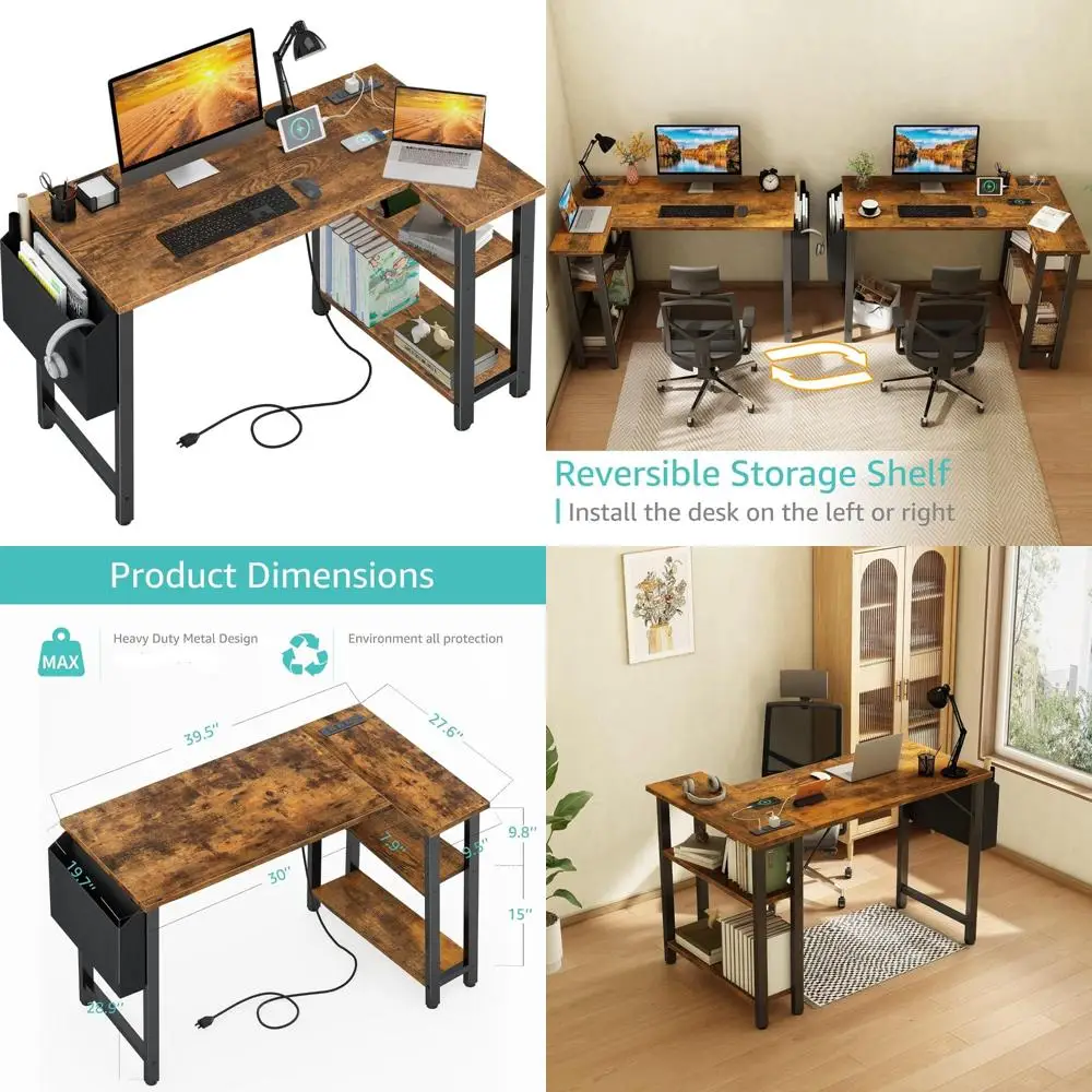 

Compact 40 Inch L-Shaped Desk with Power Outlet Shelves for Small Space Home Office, Reversible Corner Computer Desk with Storag