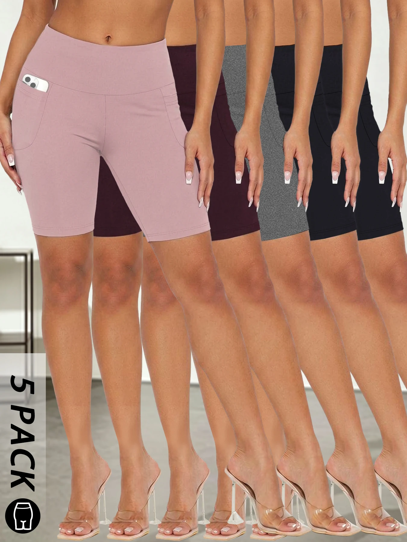 

5 pack Women Biker Shorts with Pockets High Waisted Super Soft No See Through Tummy Control Running Yoga