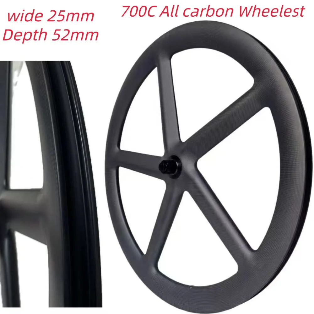 700C 5-Spoke Carbon Wheelset  Wide 25mm Depth 52mm Tubeless / Clincher Compatible For Road/Track Bikes Toray T700/T800 Carbon