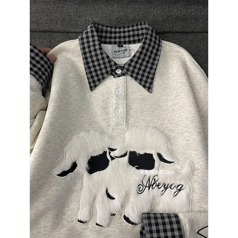 Korean fake two-piece flocking cartoon cute lamb plaid polo collar sweater women's spring new college style stitching shirt coat
