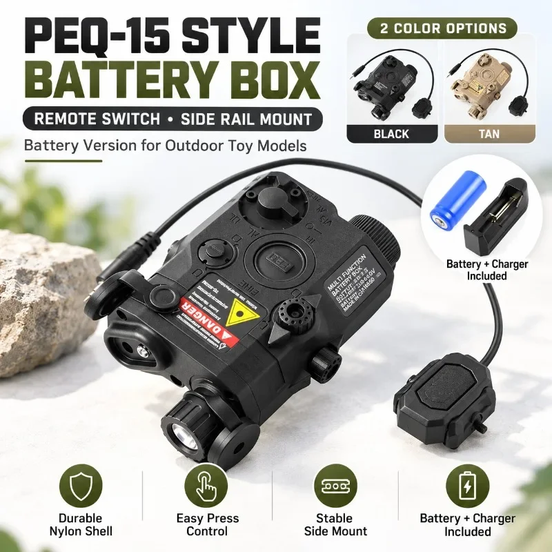 PEQ-15 Style Nylon Battery Box with Remote Switch, Side Rail Mount, Battery Version, Outdoor Toy Gel Blaster Accessory