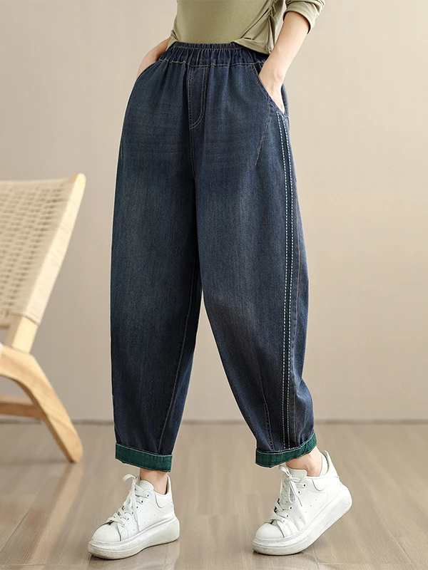 กางเกงยีนส์เดนิมทรงหลวมแบบเรโทร แต่งผ้าปะติด ปลายขาจั๊มพ์ เอวสูง ทรงสลิม 9 ส่วน สไตล์ลำลอง สำหรับผู้หญิงไซส์ใหญ่