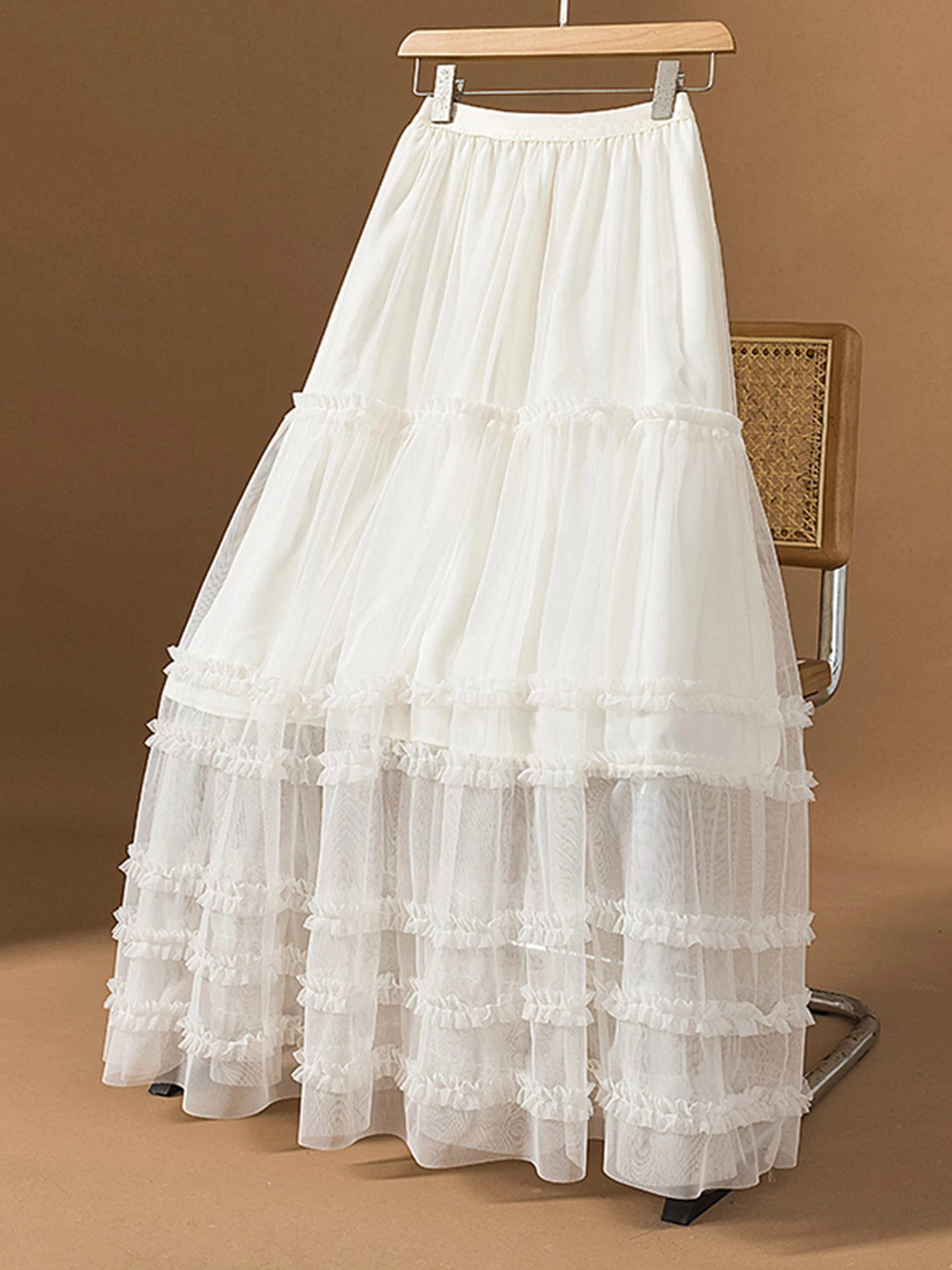 

Юбка А-силуэта с высокой талией и кружевной отделкой, сетчатая, женская, весна-лето, дышащая, комфортная, средней длины, в корейском стиле