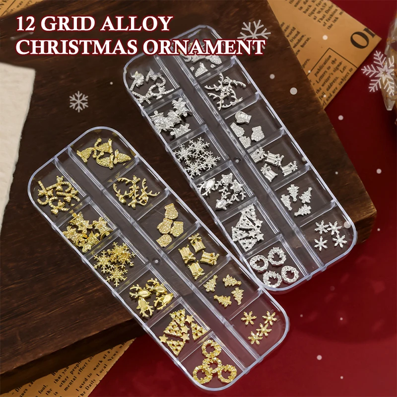 12 grades 3d decorações de arte de unhas de luxo liga brilhante strass gemas natal charme de unhas diy acessórios de unhas