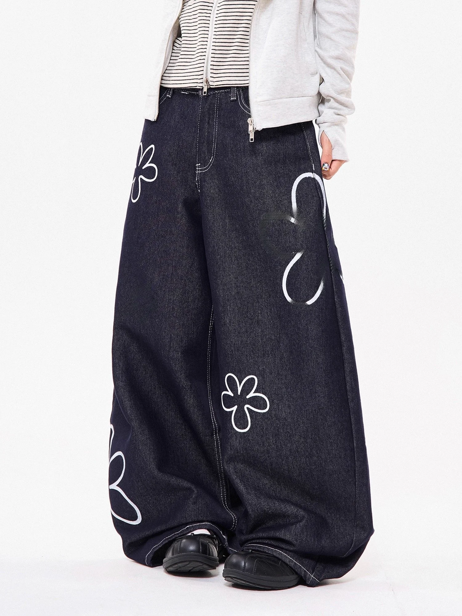 

Широкие джинсы с американским цветочным принтом в стиле ретро, свободный крой, прямые длинные брюки, повседневные джинсовые брюки с открытой талией, женская...