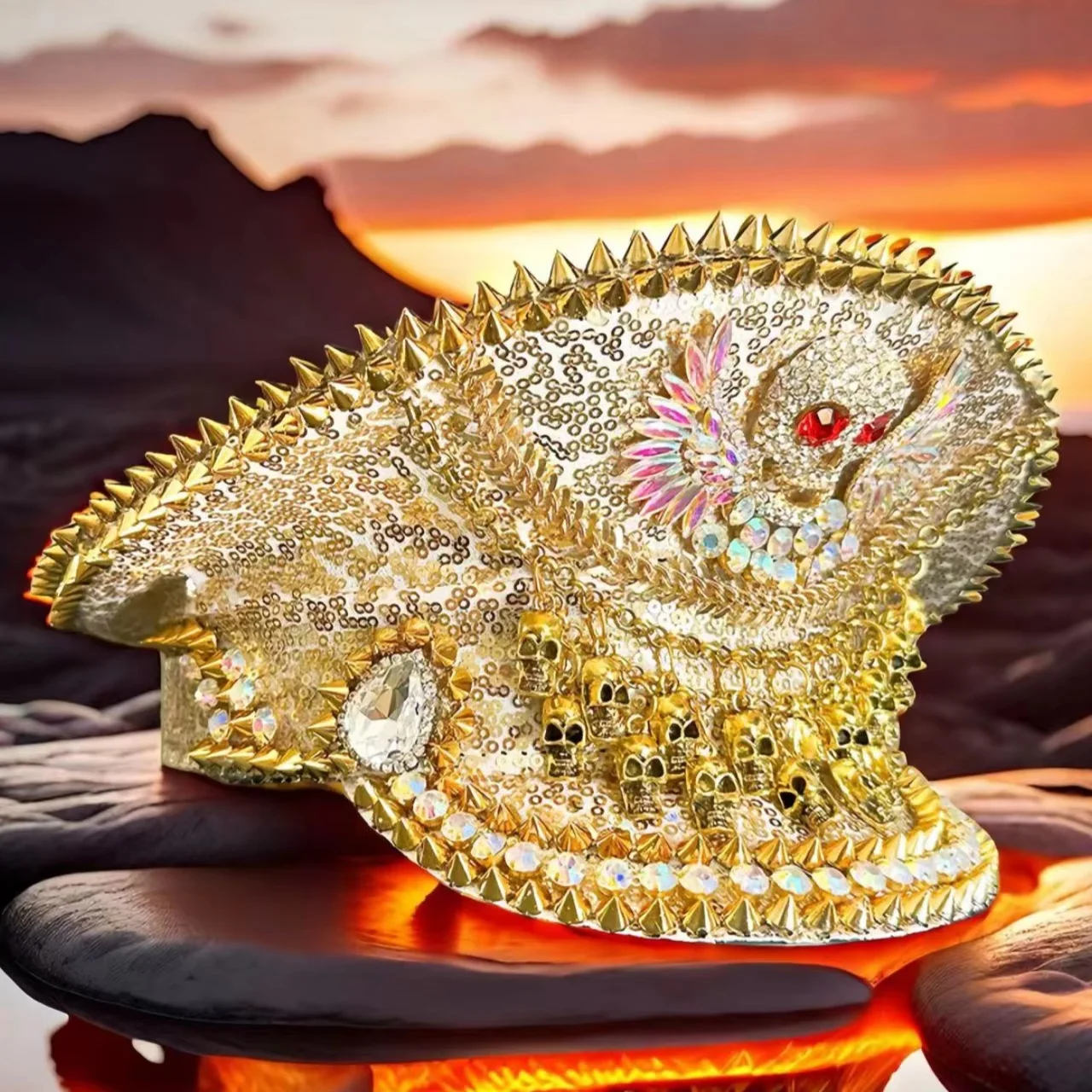 HongLuan Gelber Laser-Leder-Loop-Kapitänshut mit Strasssteinen und Militärkappen für Damen, Rave-Festivals-Accessoires und Partymütze für Herren