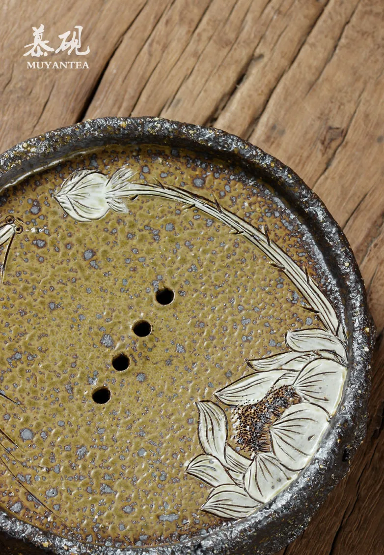 Mu Tao Wood-Fired With Plant Ash, Round Water Holder, Purely Handmade Taiwan Kung Fu Tea Set Pot Holder And Dry Brewing Tray
