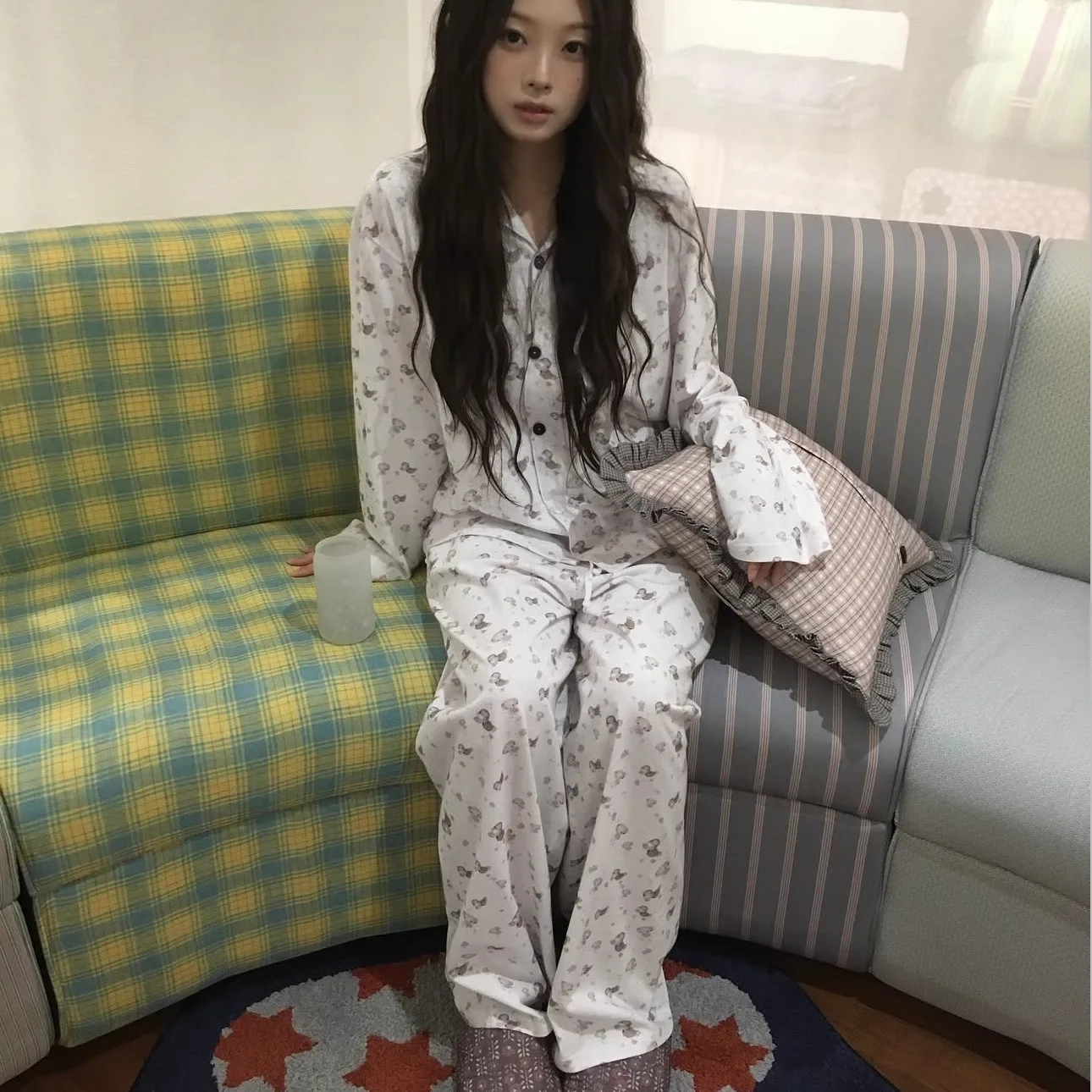 Cartoon Animal Print Sleepwear Casual Comfortable Skin-friendly Versatile Home Clothes Set Long Sleeve Loose Fit for Middle-a...