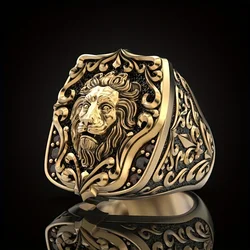 Luxury 14K Gold Plated Engraved Lion Rings for Men Red Zircon Stone Wide Version Rock Punk Domineering Ring Retro Finger Jewelry