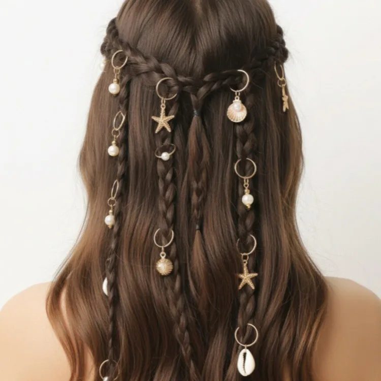 

10 Piece Dreadlock Hair Ring Set Cross Crown Five Pointed Star Pearl Design Hot Girl Style Hair Accessory