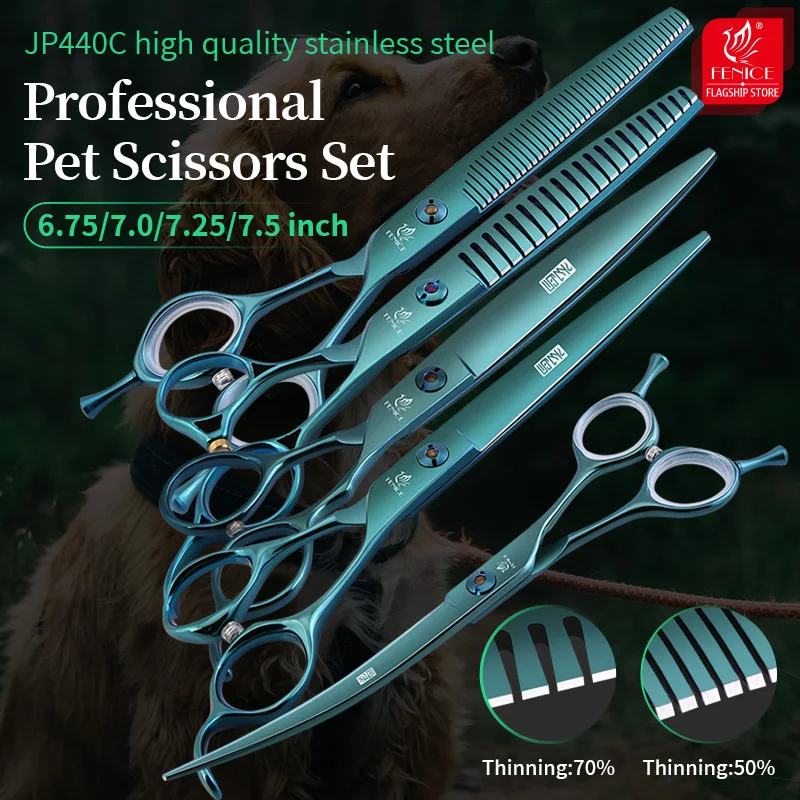 

Fenice JP440C 7.0/7.5 inch Dark Green Pet Grooming Scissors Cutting Curved Chunker Fluffy Thinning Shears set For Dog Groomers