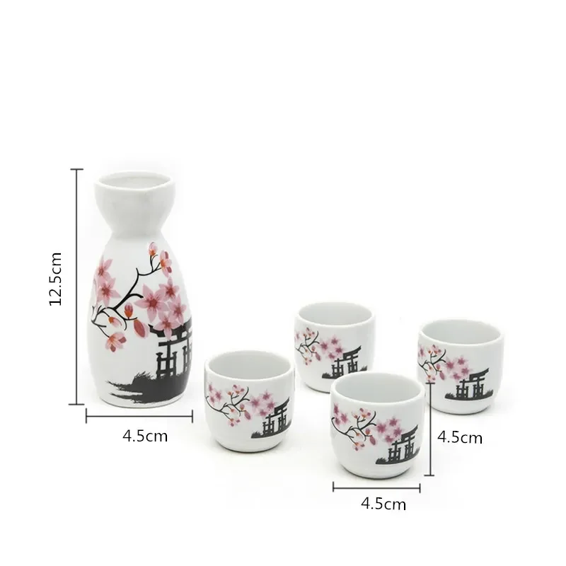 5pcs/set Ceramic Sake Pot Cups Set Flagon Liquor Cup Spirits Cups Set Japanese Bar Wine Set Flower Text Pattern Creative Gifts