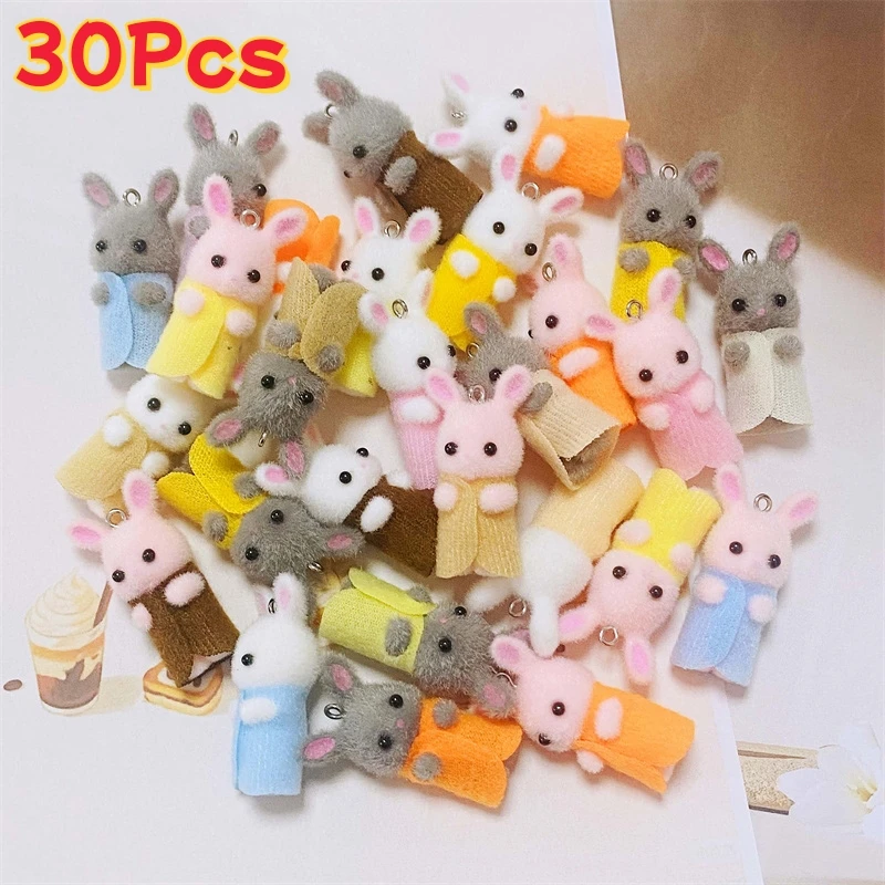 30pcs Bulk Fluffy Dress Rabbit Doll Charms Lots Wholesale Resin Animal Miniature Pendants For Earring Keychain DIY Jewelry Make