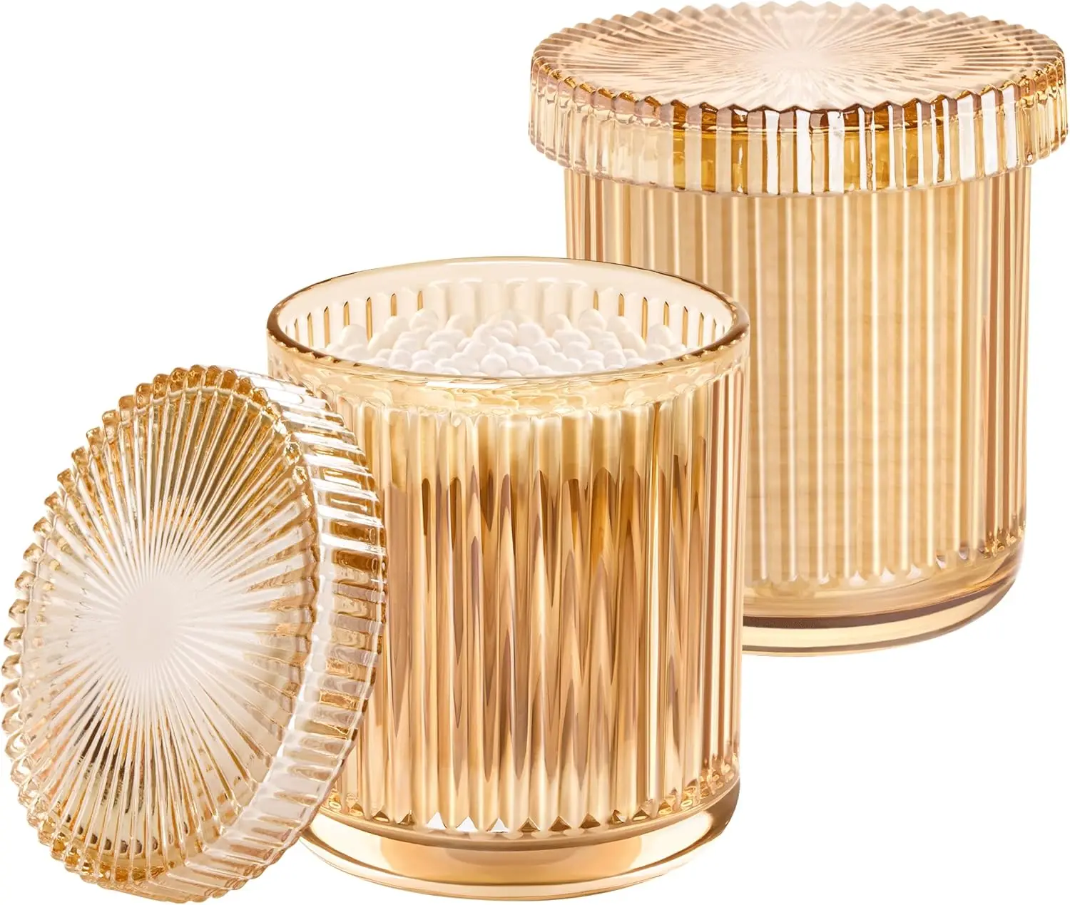 2er-Pack Glas-Wattestäbchenhalter, Badezimmer-Organizer für Wattestäbchen, Wattepads und Zahnseide in Bernsteinfarben