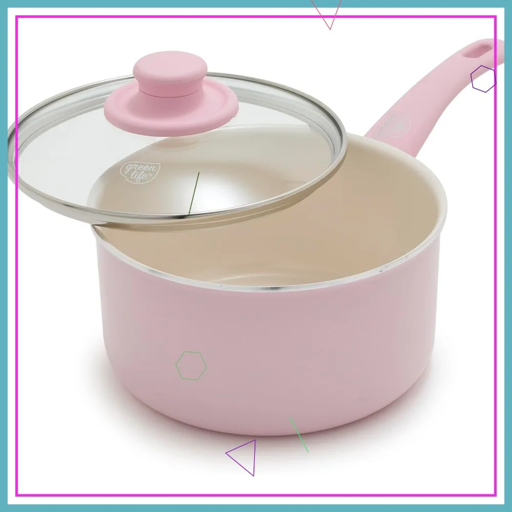 

Pink 2.5QT Ceramic Nonstick Saucepan with Glass Lid, PFAS-Free, Oven & Dishwasher Safe, Stay-Cool Handle